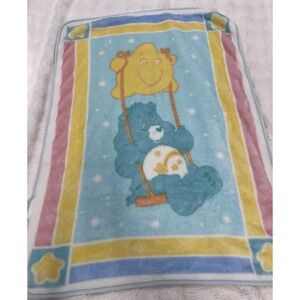 Vtg Care Bears Plush Baby Blanket Bedtime Wish Dream Minky Stars Swing 30x42"